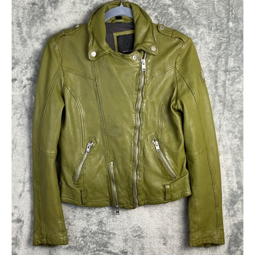 Mauritius Wild 2RF Leather Jacket Womens US 8 Olive Green Moto Biker No Belt